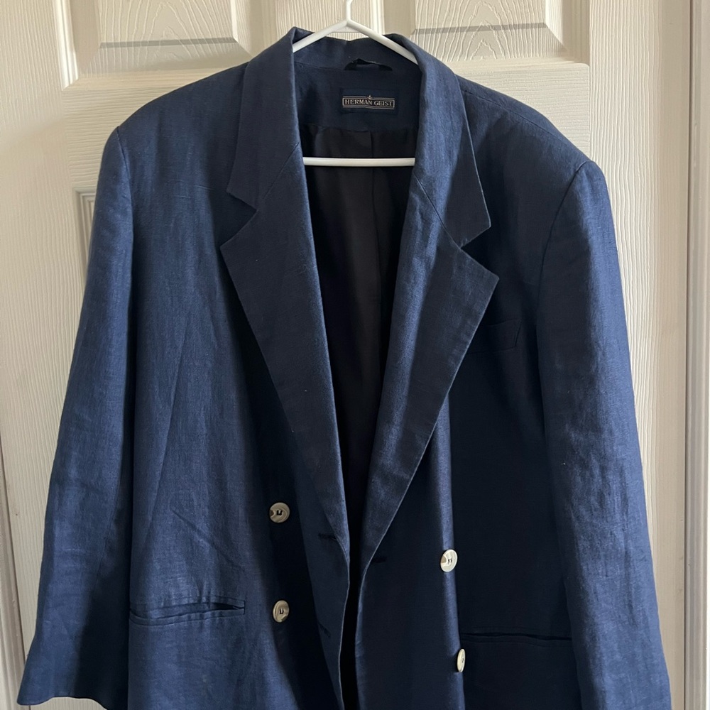 Summer Navy Linen Double Breasted Blazer - Vintage Herman Geist